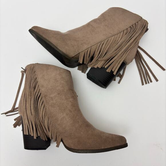 Candie's Taupe Suede Fringe Block Heeled Pointed Toe Ankle Boots Womens Size 7.5 - Picture 7 of 11